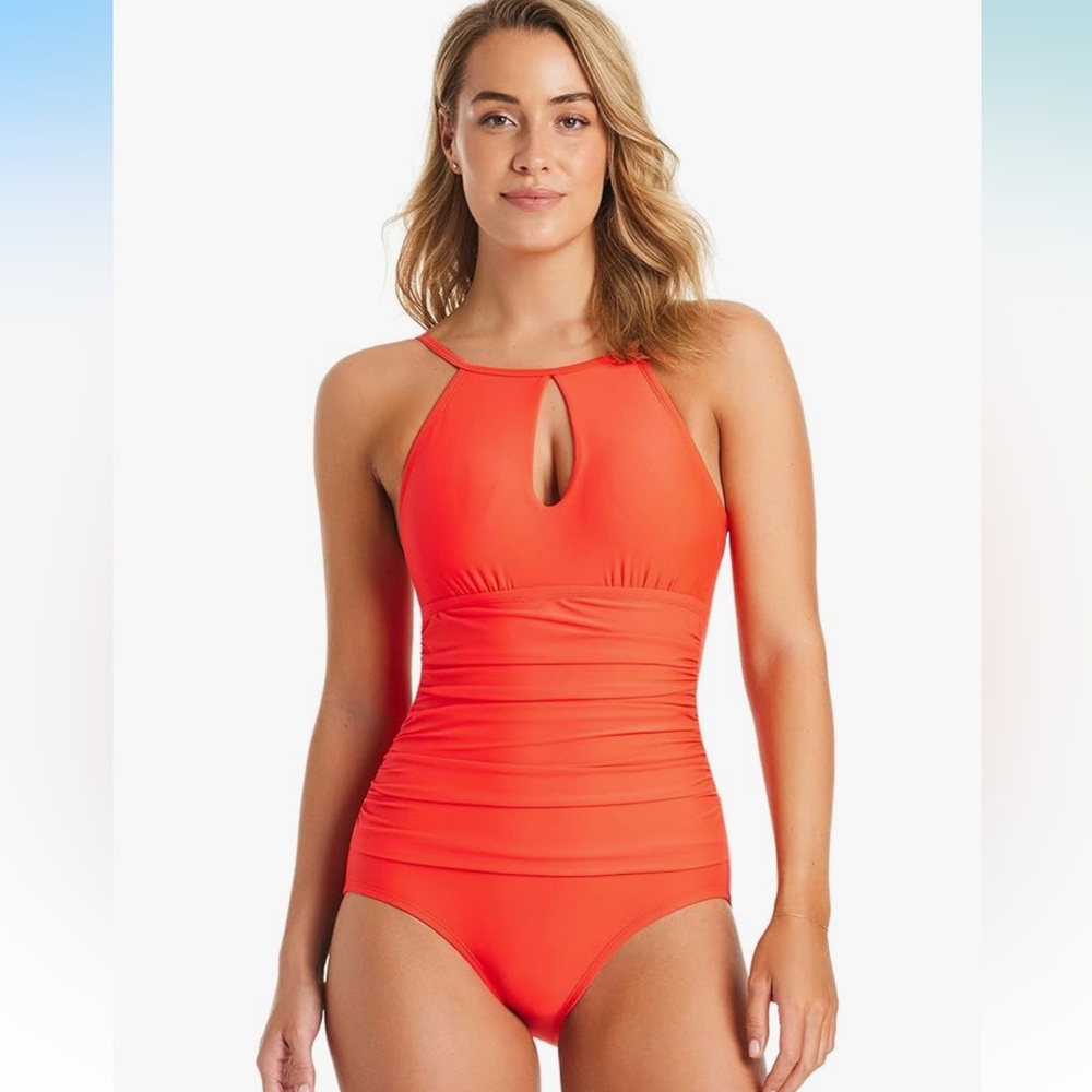 NWT ELLEN TRACY High Neck Over-The-Shoulder Mio Bathing Suit, Poppy 12 one piece